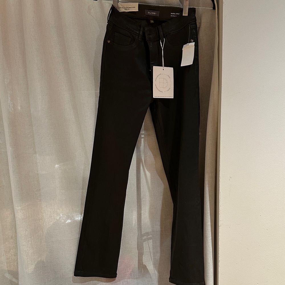 DL1961 coated dark green straight leg jean. Very stretchy and comfortable!